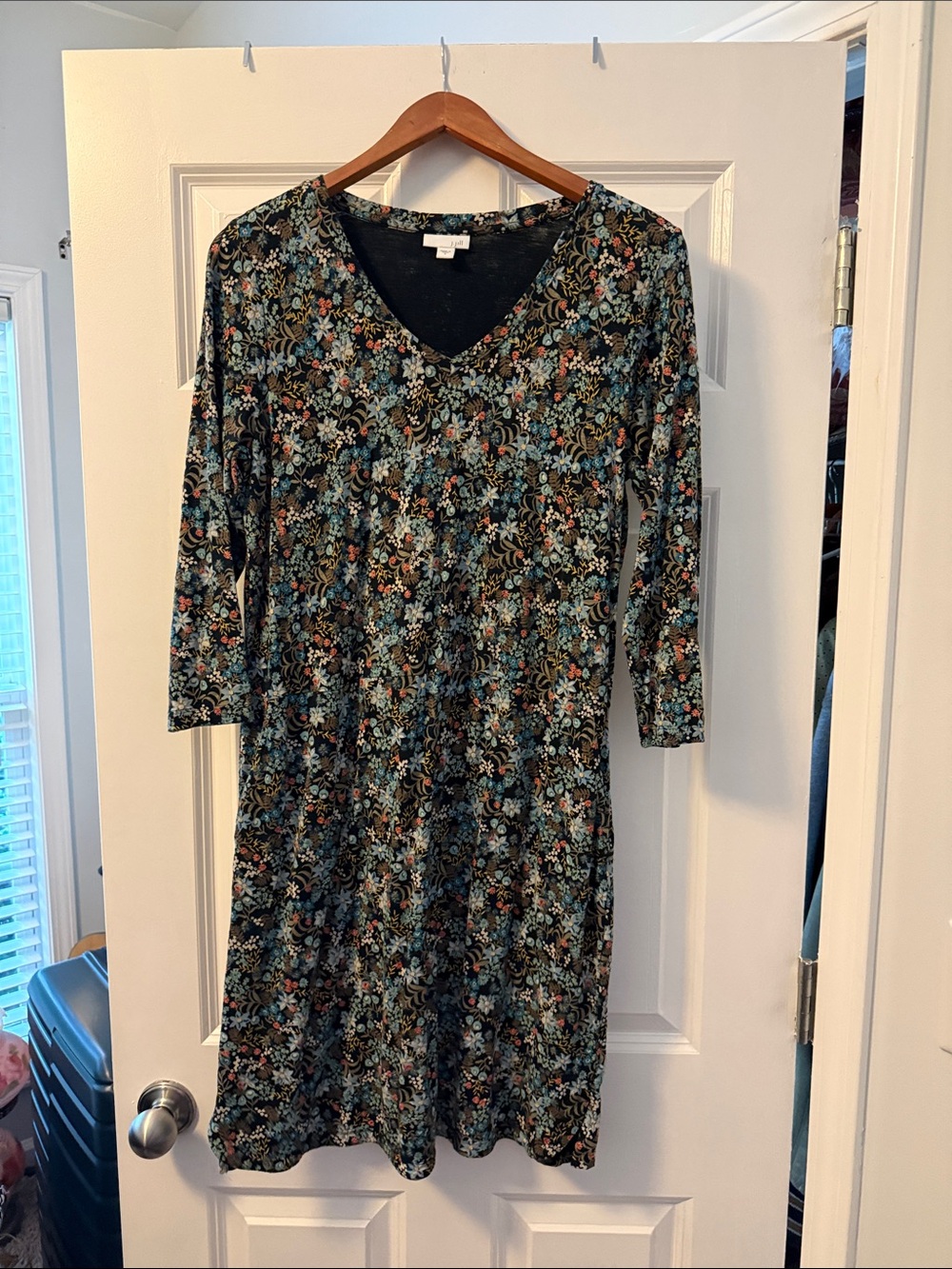 J. Jill Floral V-Neck Midi Dress in Black and Teal